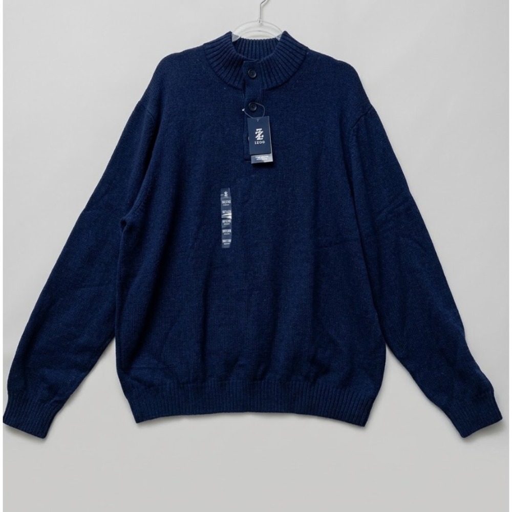New Izod Mens Mock Neck Sweater XXL Blue Button Pullover Cotton Blend Preppy